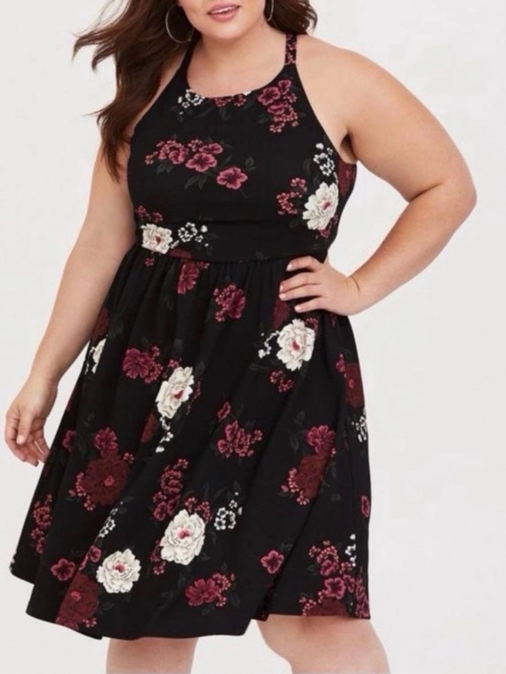 Torrid Size 4 Mini Textured Knit Skater Dress Black With Floral Print